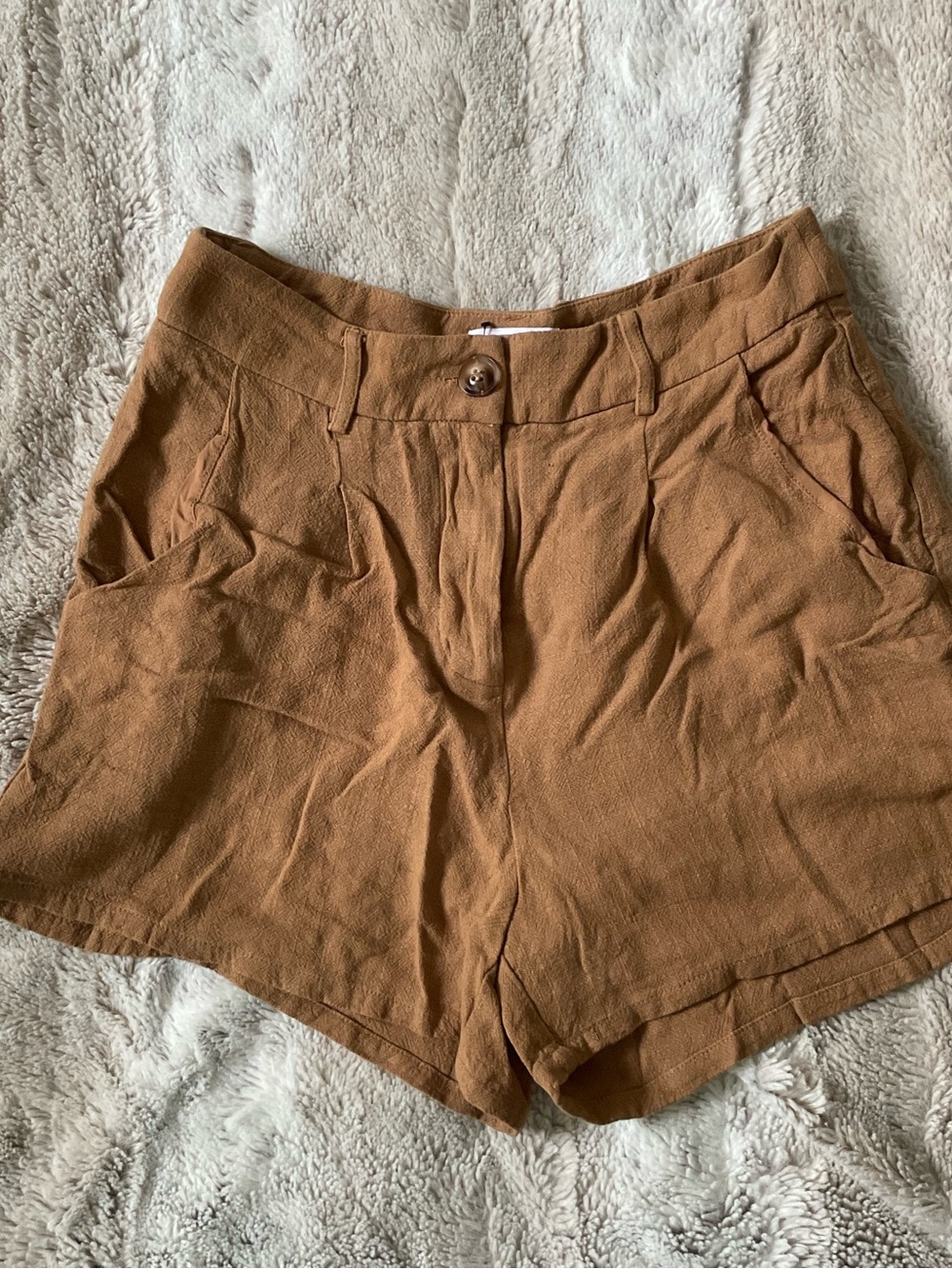 High-Waist Tan Linen-Feel Shorts with Button Front